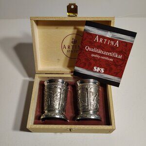 Two German Panel Heavy Embossed Shot Cups Engraving Artina Zinn Pewter Austria